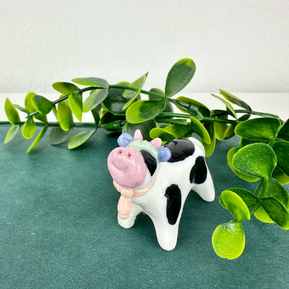 Vintage Mini Black And White Cow Figurine
